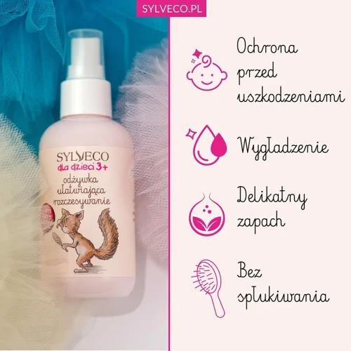 zdjęcie produktu z informacją, że odżywka chroni przed uszkodzeniami, jest bez spłukiwania, wygładza włosy.