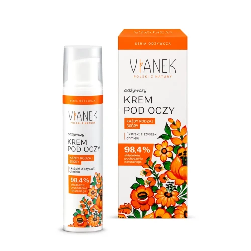 Opakowanie odżywczego kremu pod oczy Vianek – naturalna formuła z olejem sojowym, rokitnikowym i ekstraktem z chmielu; nawilża, regeneruje i chroni delikatną skórę wokół oczu.