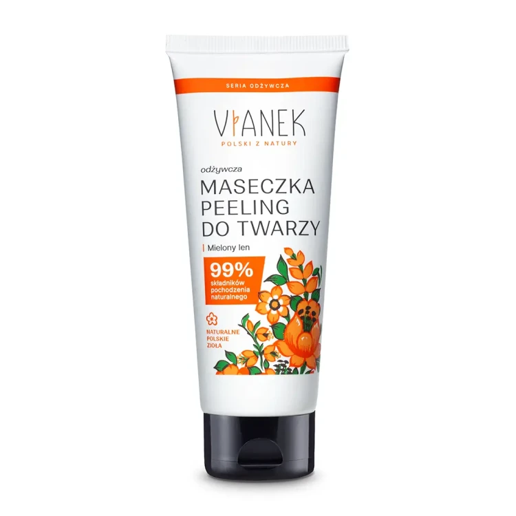 Tuba 75 ml z  odżywczą maseczką-peelingiem VIANEK – naturalny kosmetyk z siemieniem lnianym, olejami i masłami roślinnymi; złuszcza, nawilża i odżywia skórę, przywracając jej elastyczność i blask.
