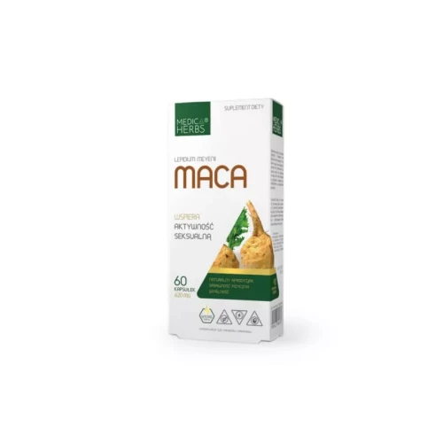 Opakowanie suplementu diety Medica Herbs Maca 620  mg, 60 kapsułek. Wspiera energię, libido i równowagę hormonalną.