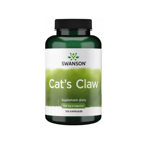 Opakowanie Cat'S Claw 500 mg od Swanson 100 kpasułek – suplement diety z ekstraktem z kory czepory puszystej (Uncaria tomentosa), wspierający układ odpornościowy i działający przeciwzapalnie, w formie łatwych do stosowania kapsułek.