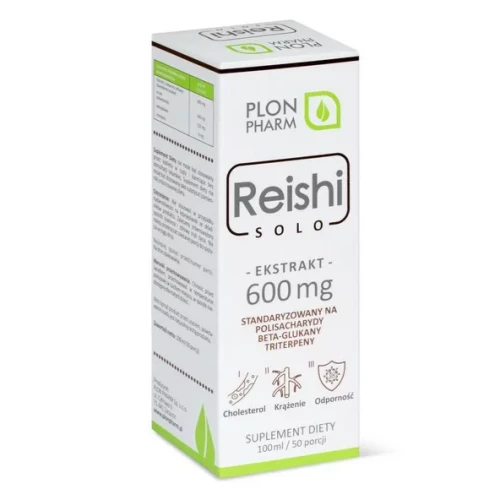 Butelka Reishi Ekstrakt 600 mg – suplement diety z standaryzowanym ekstraktem z lakownicy żółtawej (Ganoderma lucidum), wspierający odporność, zdrowie serca i wątroby, zawierający polisacharydy, beta-glukany i triterpeny, w wygodnej płynnej formie.