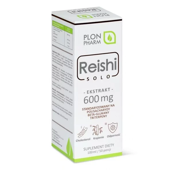 Butelka Reishi Ekstrakt 600 mg – suplement diety z standaryzowanym ekstraktem z lakownicy żółtawej (Ganoderma lucidum), wspierający odporność, zdrowie serca i wątroby, zawierający polisacharydy, beta-glukany i triterpeny, w wygodnej płynnej formie.