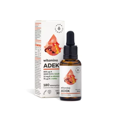 „AURA HERBALS Witamina A+D3+E+K2MK7 30 ml – naturalny suplement w kroplach wspierający odporność, zdrowe kości i skórę, w butelce z pipetą”