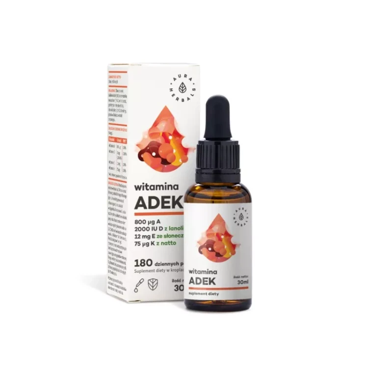 „AURA HERBALS Witamina A+D3+E+K2MK7 30 ml – naturalny suplement w kroplach wspierający odporność, zdrowe kości i skórę, w butelce z pipetą”