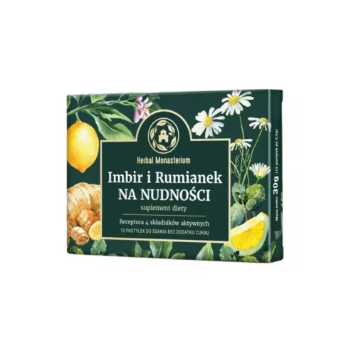 Opakowanie suplementu diety Imbir i Rumianek na nudności marki Herbal Monasterium, zawierającego 12 kapsułek wegetariańskich z recepturą 4 składników aktywnych , na tle roślin leczniczych.