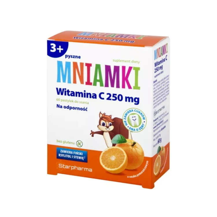 Opakowanie Starpharma pastylek do ssania Witamina C dla dzieci o smaku pomarańczy – suplement wspierający odporność z 250 mg witaminy C, fińskim ksylitolem i stewią, bezpieczny i smaczny.