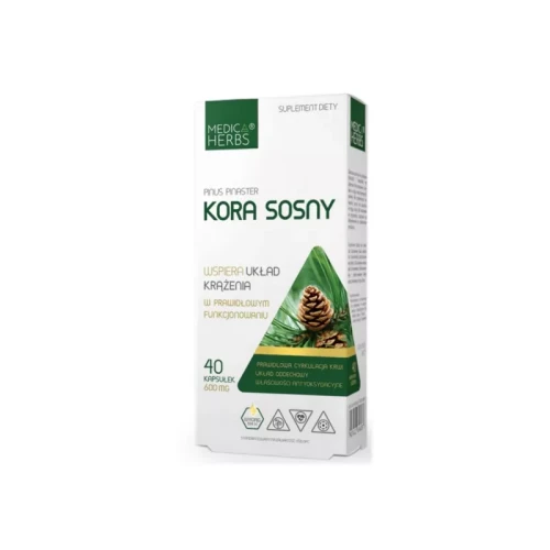 Opakowanie suplementu diety Medica Herbs Kora Sosny, 600 mg, 40 kapsułek. Wspiera wzrok, stawy, układ krążenia.