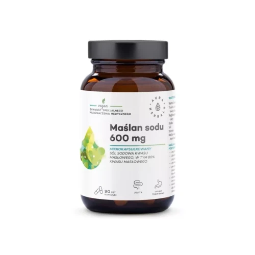 Opakowanie Aura Herbals Maślan Sodu 600 mg – suplement diety w mikrokapsułkach wspierający zdrowie jelit i mikrobiotę, bez glutenu i laktozy, 90 kapsułek na 45 dni, odpowiedni dla dzieci od 7 lat.
