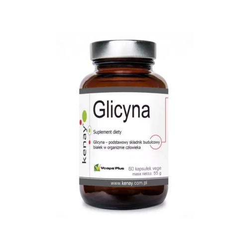 Opakowanie Kenay Glicyna 60 wegańskich kapsułek – czysta glicyna wspierająca regenerację organizmu i układ nerwowy, bez dodatków, w ekologicznej butelce, produkt japoński, odpowiedni dla wegan.