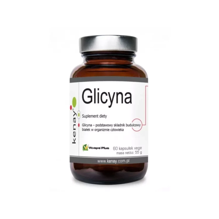 Opakowanie Kenay Glicyna 60 wegańskich kapsułek – czysta glicyna wspierająca regenerację organizmu i układ nerwowy, bez dodatków, w ekologicznej butelce, produkt japoński, odpowiedni dla wegan.
