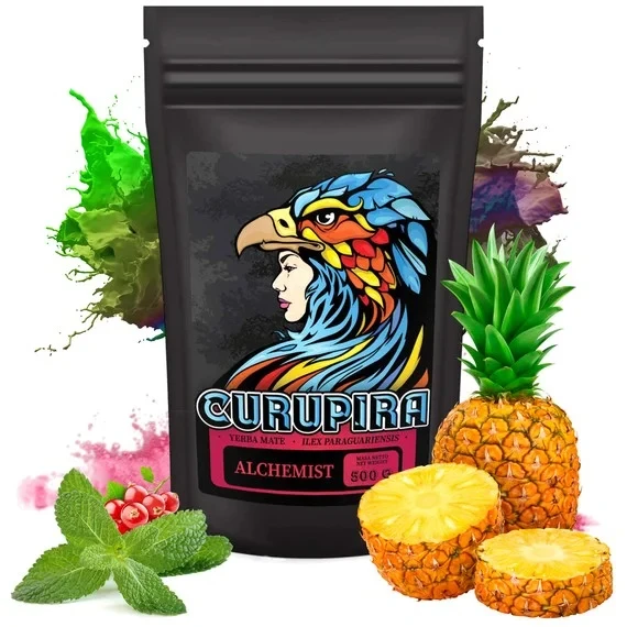 Opakowanie yerba mate Curupira Alchemist 500g – mocna yerba despalada bez patyczków i pyłu, z naturalną kofeiną, owocami i ziołami, wspierająca koncentrację i energię.