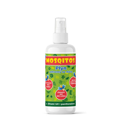 Butelka płynu ochronnego MOSQITOS od Gorvita – naturalny preparat z olejkami lawendowym, eukaliptusowym, tea tree, panthenolem i filtrami UV, chroniący i nawilżający skórę, bezpieczny dla dzieci od 3 lat.