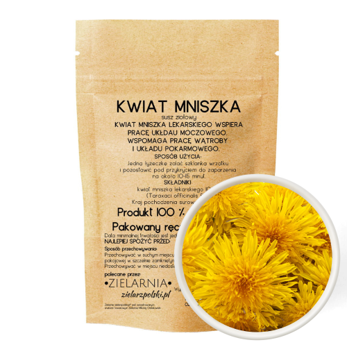 Papierowe opakowanie Kwiatu mniszka lekarskiego suszony – 100% naturalny surowiec zielarski, idealny do naparów, syropów i nalewek.