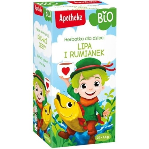 Opakowanie herbatki dla dzieci MEDIATE BIO 20 saszetek – delikatna herbata z lipą, rumiankiem i bzem czarnym, ekologiczna, wspierająca odporność i trawienie, bez glutenu i sztucznych dodatków.