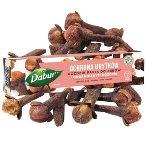 Tubka pasty do zębów Dabur Ochrona Ubytków 100 ml – ajurwedyjska pasta z goździkiem, akacją i ziołami, działająca antybakteryjnie, wzmacniająca zęby i chroniąca przed ubytkami, bez chemicznych dodatków.