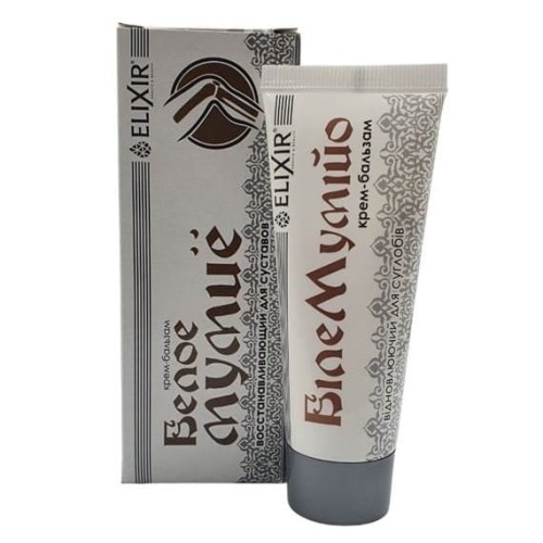 Tubka kremu-balsamu Białe Mumio 75 ml od Elixir LLC – naturalny krem regenerujący ze składnikami białego mumio i oleju jodłowego, nawilżający i chroniący suchą, zmęczoną i podrażnioną skórę, szybko się wchłaniający.