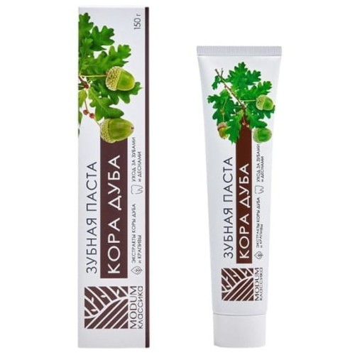 Opakowanie pasty do zębów Modum z korą dębu 150g – naturalna pasta z ekstraktem z kory dębu, pokrzywy i olejkiem miętowym, chroni przed próchnicą, redukuje krwawienie dziąseł i zapobiega kamieniowi nazębnemu.