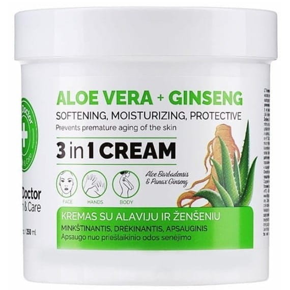 Opakowanie kremu do twarzy i ciała Aloe Vera i Żeń-szeń 250 ml – nawilżający i regenerujący krem z aloesem i żeń-szeniem, do codziennej pielęgnacji każdego typu skóry, idealny także po opalaniu.