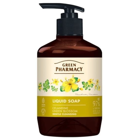 Butelka mydła w płynie Green Pharmacy z jaskółczym zielem i lipą 460 ml – delikatnie oczyszczające mydło z naturalnymi ekstraktami roślinnymi, nawilżające i odpowiednie do skóry skłonnej do grzybicy paznokci i kurzajek.
