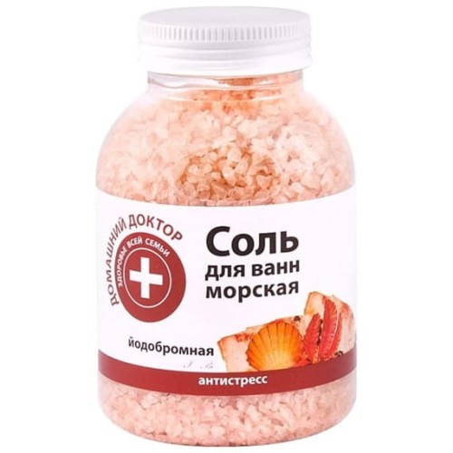 Butelka z zakrętką 1 kg z solą jodobromową Domowy Doktor – naturalna sól do kąpieli z jodem i bromem, działająca łagodząco i regenerująco na skórę, idealna do relaksujących kąpieli poprawiających kondycję skóry i przynoszących odprężenie.