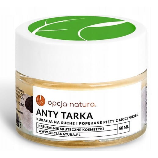 Szklany słoiczek z  Anty Tarka 50 ml – naturalny krem do stóp z 30% mocznikiem, lanoliną, pantenolem i olejkiem z mięty pieprzowej; intensywnie nawilża, regeneruje i zmiękcza popękane pięty i suchą skórę; idealny do codziennej nocnej pielęgnacji.