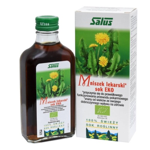 Szklana butelka oraz katronik soku Mniszek Lekarski sok EKO Salus 200 ml – suplement diety wspiera wątrobę i układ trawienny. Odpowiedni dla vegan.