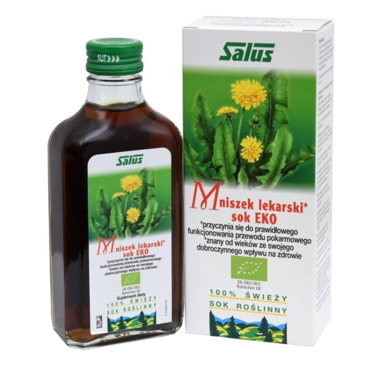 Szklana butelka oraz katronik soku Mniszek Lekarski sok EKO Salus 200 ml – suplement diety wspiera wątrobę i układ trawienny. Odpowiedni dla vegan.