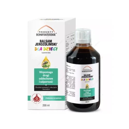 Opakowanie i butelka suplementu diety „Balsam Jerozolimski dla dzieci” od Produktów Bonifraterskich, 200 ml. Na etykiecie i pudełku widoczna informacja, że wspomaga drogi oddechowe i odporność, przeznaczony dla dzieci powyżej 3. roku życia i dorosłych.