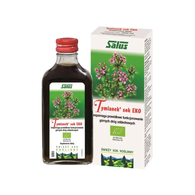 Tymianek sok EKO Salus 200 ml – suplement diety na drogi oddechowe, świeży sok roślinny.
