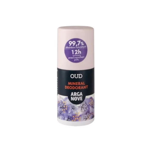 Buteleczka z kulką  Arganove Deo mineralny OUD roll-on 50 ml – naturalny dezodorant mineralny z ałunem i olejem arganowym, zapewnia długotrwałą świeżość do 12 godzin.
