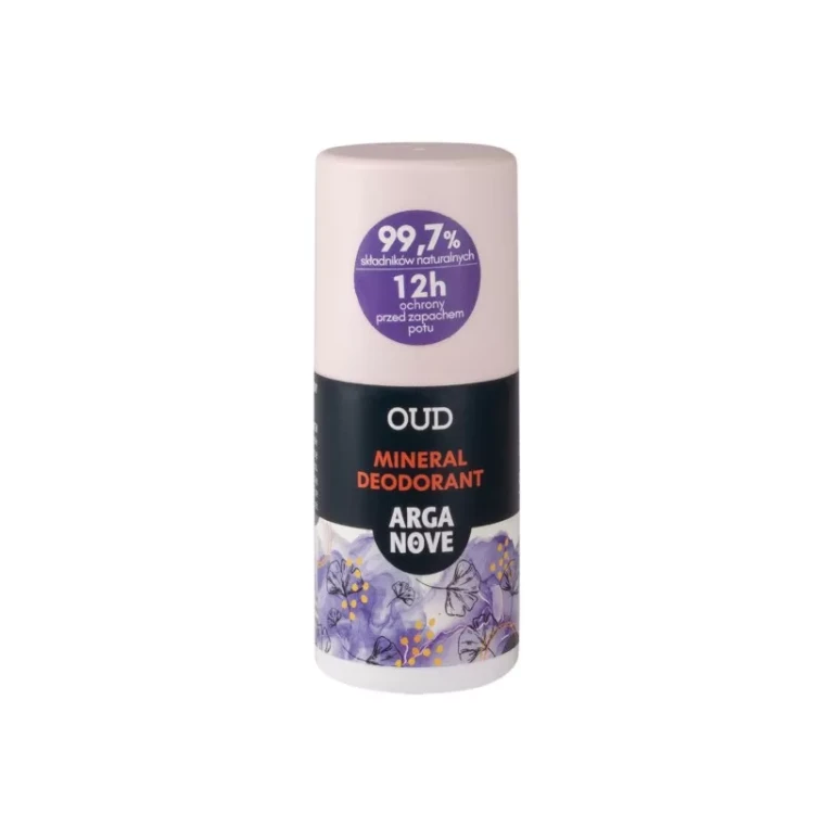 Buteleczka z kulką  Arganove Deo mineralny OUD roll-on 50 ml – naturalny dezodorant mineralny z ałunem i olejem arganowym, zapewnia długotrwałą świeżość do 12 godzin.