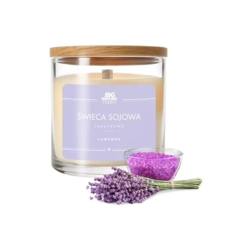 Świeca sojowa Big Nature Lawenda 215 g w szklanym opakowaniu – naturalna świeca z wosku sojowego o relaksującym zapachu lawendy, tworzy kojącą atmosferę, czas palenia 40-50 godzin, ekologiczna i bez toksyn, idealna do aromaterapii i dekoracji.