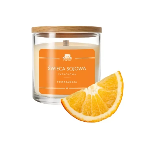Świeca sojowa Big Nature Pomarańcza 215 g w szklanym opakowaniu – naturalna świeca z wosku sojowego o świeżym, cytrusowym zapachu pomarańczy, relaksująca atmosfera, do 50 godzin palenia, ekologiczna i bez toksyn.