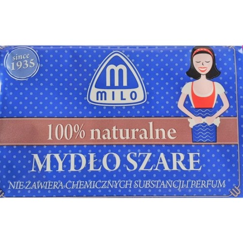 Kostka szarego mydła Milo 175 g – naturalne, hipoalergiczne, bez zapachów i barwników, delikatne dla skóry i skuteczne w pielęgnacji, praniu i sprzątaniu, biodegradowalne, uniwersalne mydło dla całej rodziny.