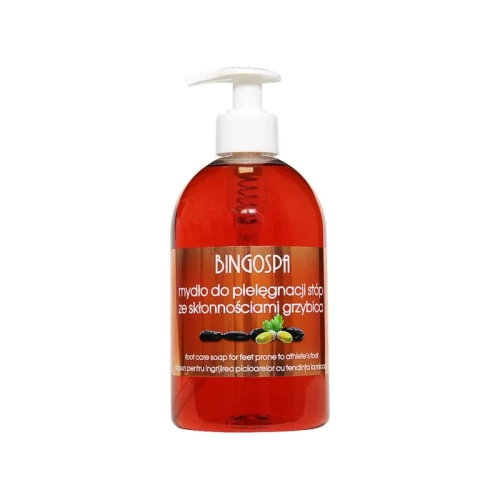 Butelka z pompką 500 ml mydła do stóp Bingospa, z naturalnymi ekstraktami przeciwgrzybiczymi, przeciwbakteryjnymi i łagodzącymi, chroniąca stopy przed grzybicą, zapewniająca świeżość i pielęgnację skóry.