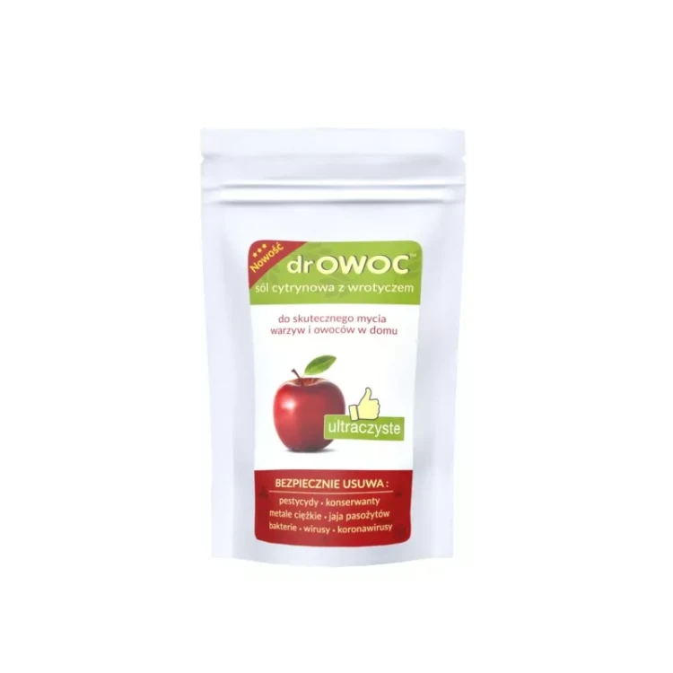 Opakowanie doypack DrOwoc 300 g – naturalna sól cytrynowa z ekstraktem z wrotyczu, skutecznie oczyszcza warzywa, owoce i jajka z pestycydów, bakterii i wosków, bezpieczna i naturalna ochrona żywności.