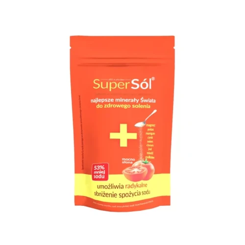 Naturalna sól mineralna Super Sól 500 g – opakowanie doypack, bogata w minerały i witaminy, niska zawartość sodu, wspiera zdrowie układu odpornościowego, nerwowego i krążenia, z dodatkiem witaminy B12 i ekstraktu z melisy.