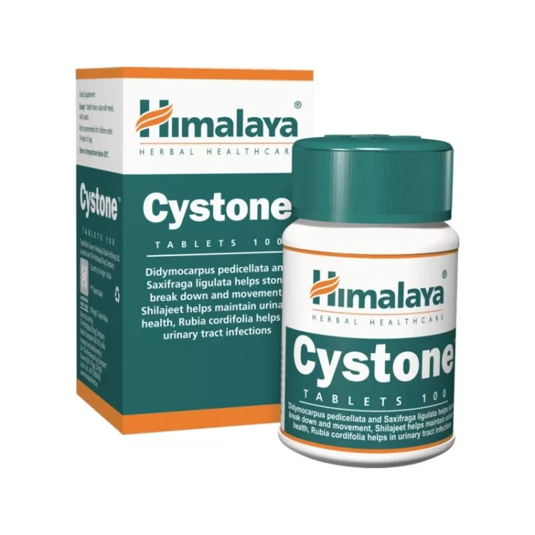 Kartonik i buteleczka Cystone Himalaya 100 tabletek – ziołowy suplement diety na układ moczowy, wspiera nerki i pęcherz, bez sztucznych dodatków.