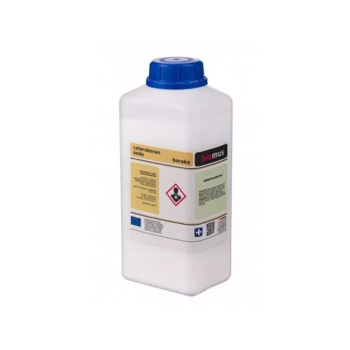 Plastikowa butelka z zawartością Biomus Boraks 1 kg – czysty czteroboran sodu 99,9%, do czyszczenia, dezynfekcji i zwalczania insektów.