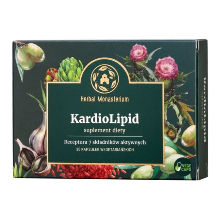 Opakowanie suplementu diety KardioLipid marki Herbal Monasterium, zawierającego 30 kapsułek wegetariańskich z recepturą 7 składników aktywnych, na tle roślin leczniczych.