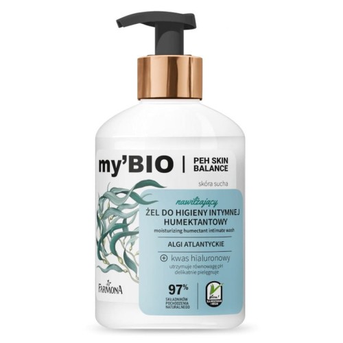 Butelka z pompką żelu do higieny intymnej My BIO 250 ml, nawilżający, przy skłonnościach do infekcji. Zawiera kwas hialuronowy, ekstrakt z alg i glicerynę.