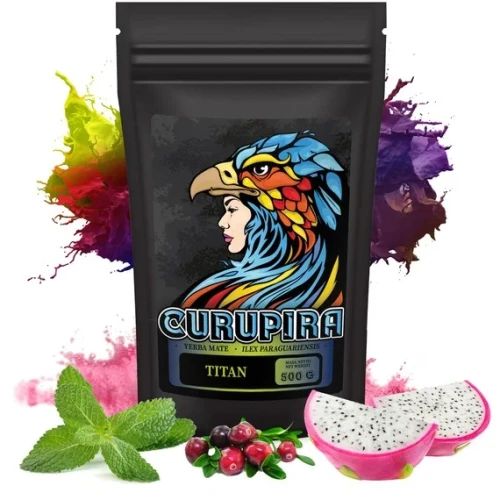 Opakowanie Yerba Mate Curupira Titan 500g – mocna yerba mate despalada bez patyczków i pyłu, z dodatkiem smoczego owocu, mięty i cytryńca chińskiego, ręcznie pakowana, egzotyczna i pobudzająca.