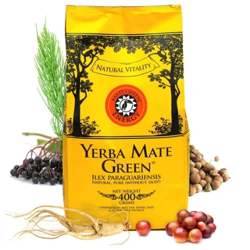 Opakowanie Yerba Mate Green ENERGY 400g – brazylijska yerba mate z zieloną herbatą, żeń-szeniem, camu camu i ziołami, bez goryczy, o świeżym smaku i naturalnym aromacie.