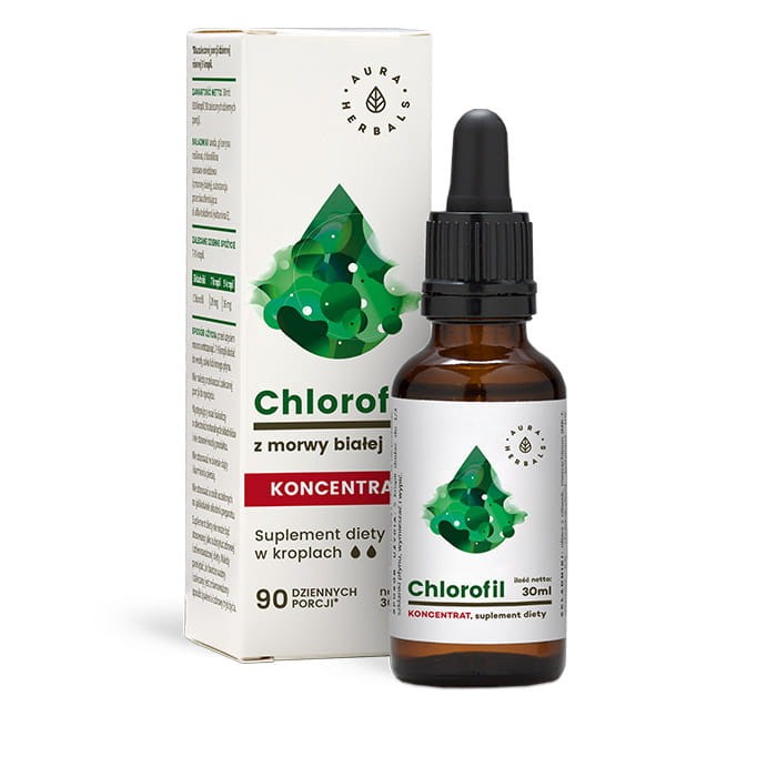 Chlorofil z morwy białej Aura Herbals – koncentrat w kroplach 30 ml, suplement diety w butelce z pipetą i opakowaniem, 90 dziennych porcji