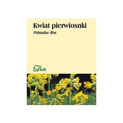 Opakowanie produktu Flos z suszonym kwiatem pierwiosnki (Primulae flos) – naturalny surowiec zielarski w postaci herbatki ziołowej. Naturalne wsparcie dla układu oddechowego i wykrztuśne działanie