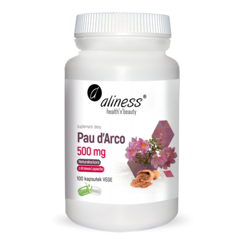 Opakowanie Pau d’Arco 500 mg Aliness – 100 kapsułek z korą Lapacho (Tabebuia impetiginosa). Naturalne wsparcie odporności.