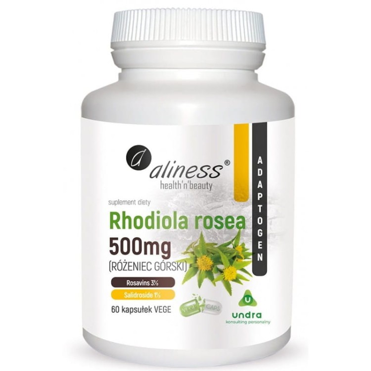Opakowanie  60 kapsułek wysokiej jakości ekstraktu z różeńca górskiego (Rhodiola rosea) o podwójnej standaryzacji na 3% rozawin i 1% salidrozydu.