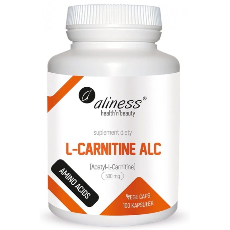 Opakowanie suplementu diety Aliness L-Carnityne ALC 500 mg – 100 kapsułek, wspomagającego metabolizm i funkcje mózgu.