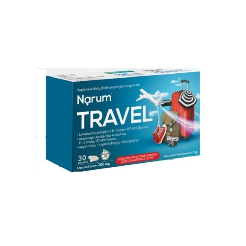 Suplement diety Narum Travel to kompozycja Lactobacillus acidophilus Er-2 szczep 317/402 Narine, ekstraktu z szyszek olchy, aktywowanego suszonego węgla drzewnego z lipy, liści jeżyny oraz metabolitów  Lactobacillus acidophilus Er-2 szczep 317/402 Narine